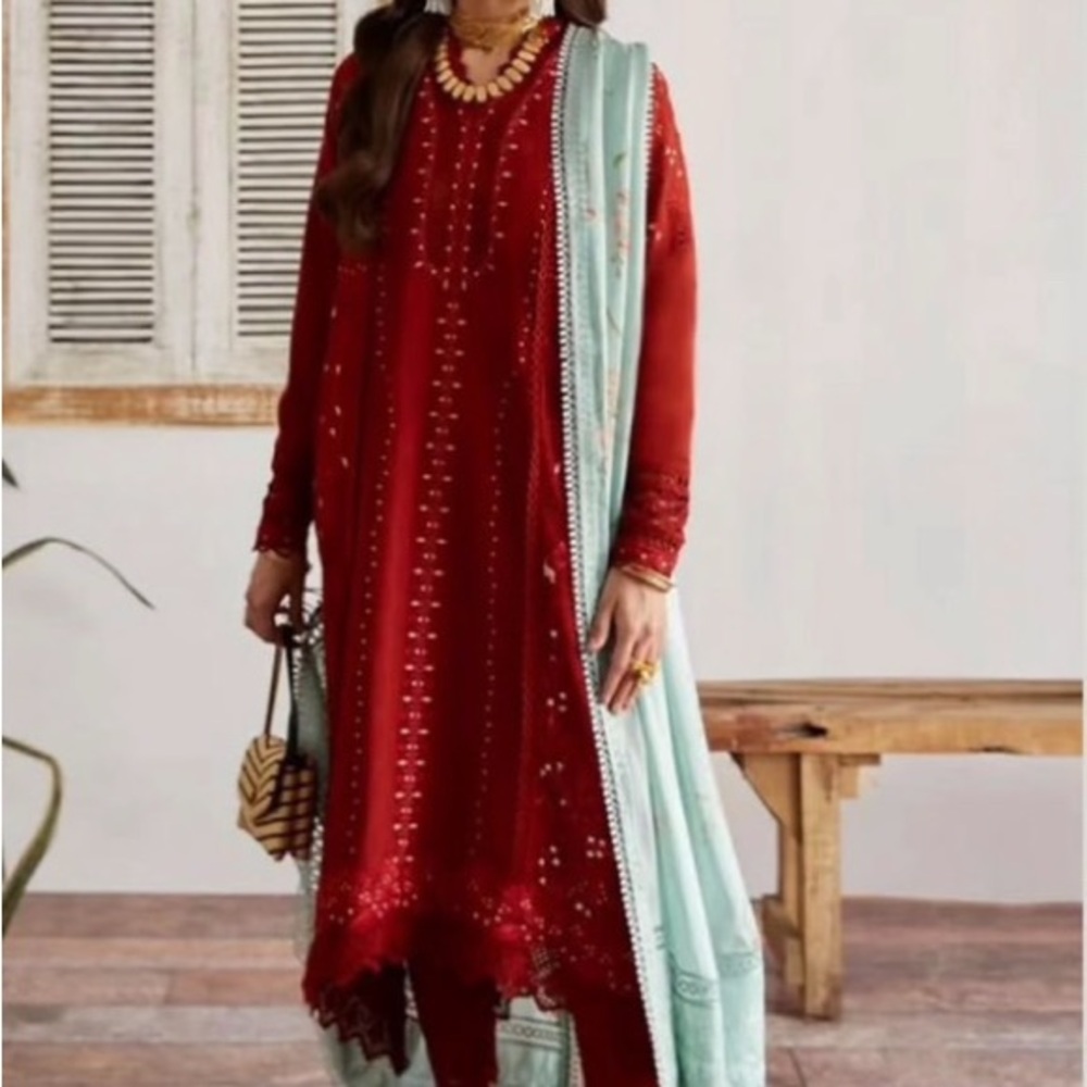 Suffuse by Sonia Nazir red emroidered silk dupatta and pants M Womens Pakistan